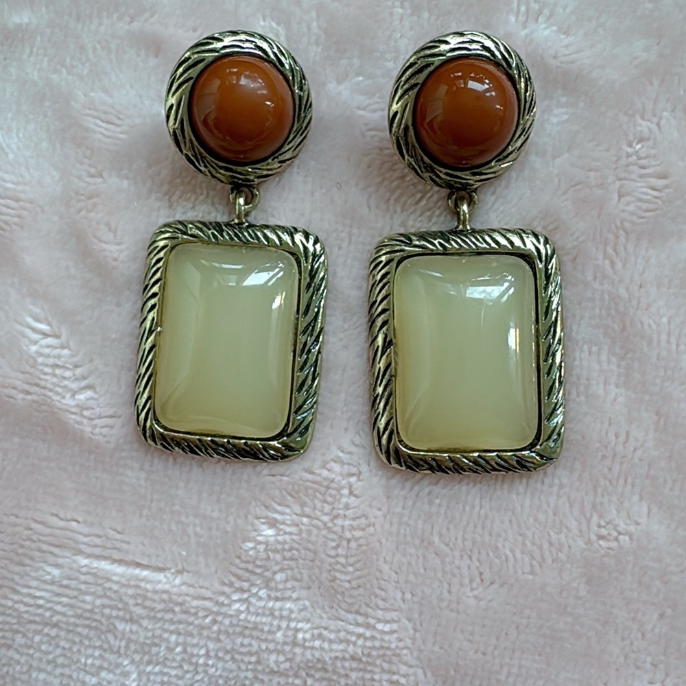 Vintage inspired Gold-Tone Earrings with Amber and Cream Accents